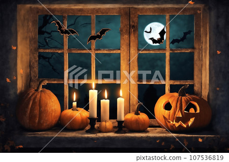 halloween holiday decorations, scary jack o lantern pumpkins and candles on a windowsill, flying bats outside the window, moonlit night, mystic and dark magic 107536819