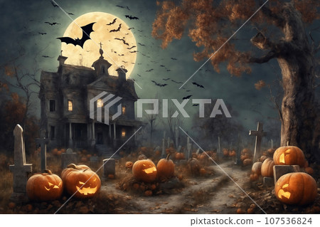 halloween night, old house in mystical forest, around pumpkins and flying bats, big full moon in dark sky, scary and fabulous, dark magic halloween night, old house in mystical forest, around pumpkins and flying bats, big full moon in dark sky, scary and fabulous, dark magic 107536824