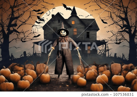 halloween, scarecrow in front of the old house, around pumpkins and mystical forest, flying bats on big full moon background, scary and fabulous, dark magic 107536831