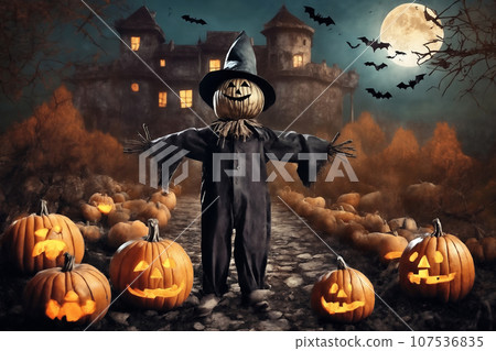 halloween, scarecrow in front of the old house, around pumpkins and mystical forest, flying bats on big full moon background, scary and fabulous, dark magic 107536835