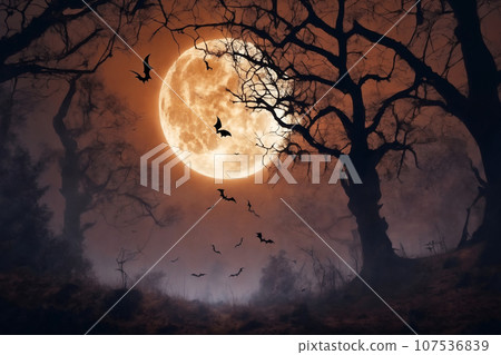 mystical forest on Halloween night, bats on the background of a big full moon in the dark sky, atmospheric and fairytale mystical forest on Halloween night, bats on the background of a big full moon in the dark sky, atmospheric and fairytale 107536839