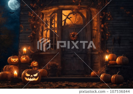 Halloween decorations on the porch of an old house exterior, jack o lantern pumpkins, abandoned place, night, autumn nature Halloween decorations on the porch of an old house exterior, jack o lantern pumpkins, abandoned place, night, autumn nature 107536844
