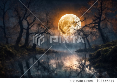 mystical forest on Halloween night, a big full moon in the dark sky reflected in river, roots, atmospheric and fairytale mystical forest on Halloween night, a big full moon in the dark sky reflected in river, roots, atmospheric and fairytale 107536845