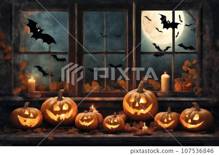 decoration for halloween holiday, jack o lantern pumpkins and candles on a windowsill, flying bats outside the window, moonlit night, dark, witchcraft and scary 107536846