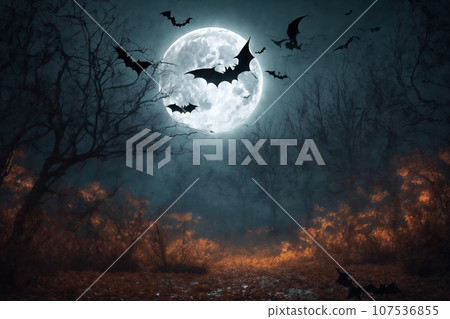 mystical forest on Halloween night, bats on the background of a big full moon in the dark sky, atmospheric and fairytale 107536855