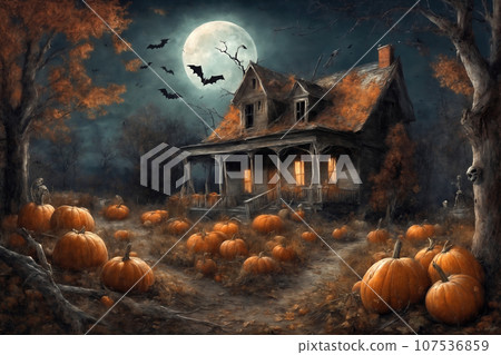 decoration for halloween holiday, old house in mystical forest, around pumpkins and bats, big full moon, scary and fabulous, dark magic decoration for halloween holiday, old house in mystical forest, around pumpkins and bats, big full moon, scary and fabulous, dark magic 107536859