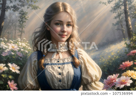 Portrait of a beautiful girl dressed in a dress in nature, a beautiful landscape in a fairytale style. Portrait of a beautiful girl dressed in a dress in nature, a beautiful landscape in a fairytale style. 107536994