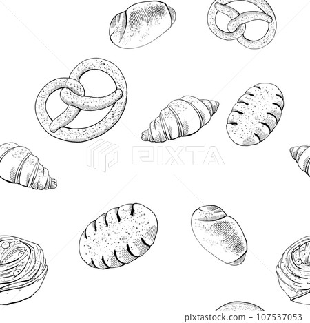 Rolls, buns, croissants, pretzels, pies and other baked goods. Seamless pattern for printing on fabric, wallpaper, packaging for bakeries and confectionery products. Graphic monochrome illustration. 107537053