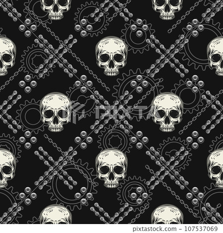 Checkered vintage monochrome pattern with human skulls, steel chains, rivets. Square geometric grid. Vector seamless background. Good for mens apparel, clothing, fabric, textile, sport goods. Checkered vintage monochrome pattern with human skulls, steel chains, rivets. Square geometric grid. Vector seamless background. Good for mens apparel, clothing, fabric, textile, sport goods. 107537069