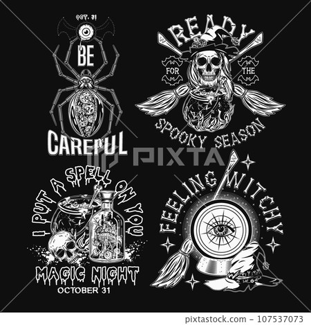 Set of halloween labels with monsters, steampunk mechanical spider, skull, witch cauldron, magic ball, broom. Text made of bones. Monochrome illustrations on black in vintage style Set of halloween labels with monsters, steampunk mechanical spider, skull, witch cauldron, magic ball, broom. Text made of bones. Monochrome illustrations on black in vintage style 107537073