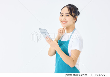 穿著圍裙的年輕家庭主婦使用計算機 107537279