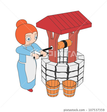 Cartoon woman uses a well.  107537359
