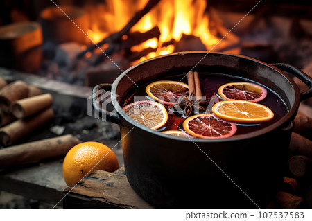 Traditional mulled wine cooking in pot with orange slices and spices close-up 107537583