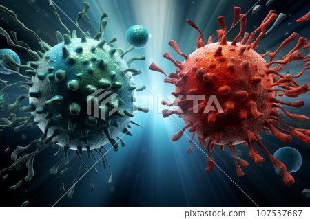 Cancer cell fighting with T cell virus bacteria illustration. Generative AI 107537687