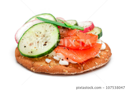 Cracker Sandwich with Salmon, Cucumber, Radish, Cottage Cheese and Green Onions - Isolated Cracker Sandwich with Salmon, Cucumber, Radish, Cottage Cheese and Green Onions - Isolated 107538047