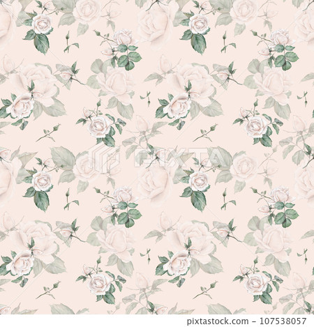 White roses seamless pattern. White roses arrangement. collection garden flowers, leaves. watercolor hand painting illustration on isolate background. For wedding invitations, anniversary 107538057