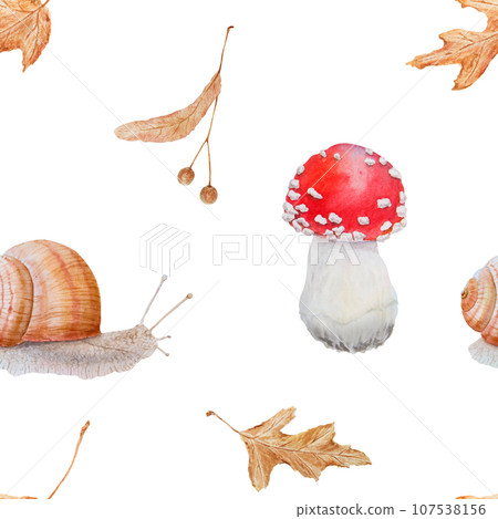Seamless pattern with Red fly agaric, dry leaves, linden seeds, snail. Watercolor hand drawn realistic botanical illustration Amanita muscaria mushrooms for background, paper, textile, wallpaper 107538156