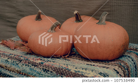Pumpkin concept. Traditional symbol of autumn harvest, pumpkin soup, pie, Thanksgiving. Agricultural land. Selective focus. Autumn organic vegetables background. Rural market 107538490