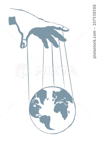 Man hand with a World map. Vector drawing concept 107538588