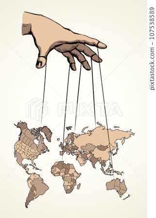 Man hand with a World map. Continents with contours of countries. Vector drawing Man hand with a World map. Continents with contours of countries. Vector drawing 107538589