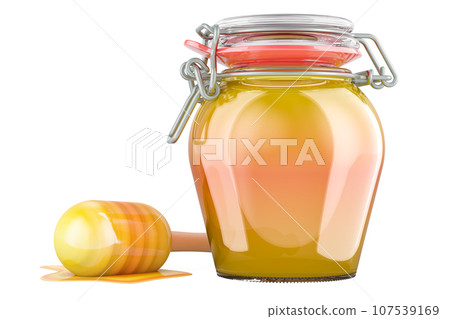 Jar with honey and honey dipper, 3D rendering 107539169