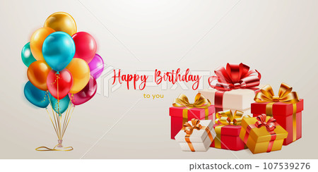 Festive birthday illustration with balloons and gift boxes Festive birthday illustration with balloons and gift boxes 107539276