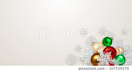 Christmas illustration with paper snowflakes and balls Christmas illustration with paper snowflakes and balls 107539378