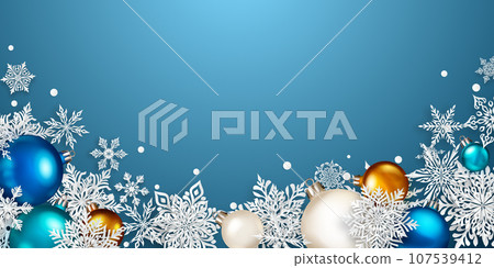 Christmas illustration with paper snowflakes and balls 107539412