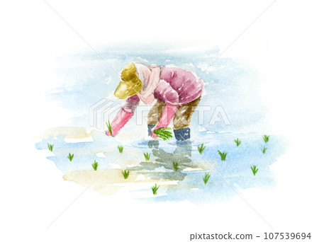 Watercolor painting of a woman planting rice 107539694