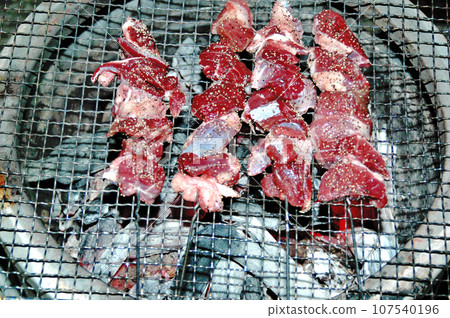 I skewered deer meat at camp. 107540196