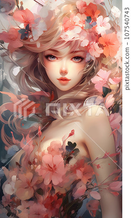 手绘卡通唯美的春天里花丛中的少女插画 107540743