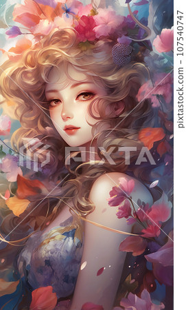 手绘卡通唯美的春天里花丛中的少女插画 107540747