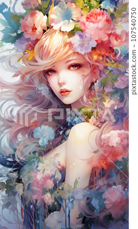 Hand-drawn cartoon beautiful illustration of a girl among flowers in spring 107540750