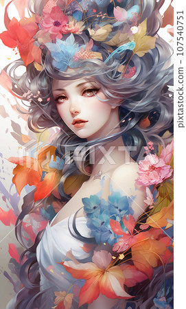 手绘卡通唯美的春天里花丛中的少女插画 107540751