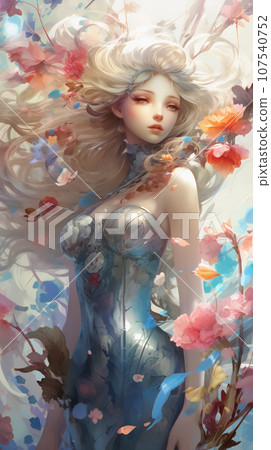 手绘卡通唯美的春天里花丛中的少女插画 107540752