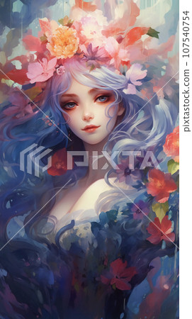 手绘卡通唯美的春天里花丛中的少女插画 107540754