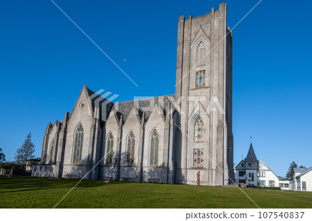 Landakotskirja - Christ the King Cathedral - in Reykjavik, Iceland on sunny day. 107540837