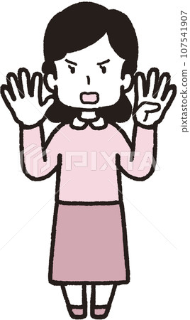 一位憤怒的女人用左手 4 根手指、右手 5 根手指做 54 個手勢的全身插圖 107541907