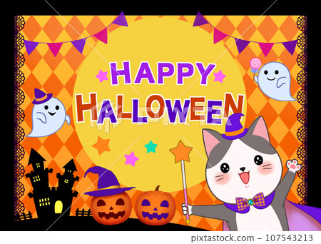 Cute Halloween background illustration with cat, pumpkin, and ghost Cute Halloween background illustration with cat, pumpkin, and ghost 107543213