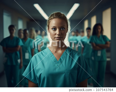 Photo Realistic Image of Medical Professionals in Hospital Hallway, AI Generated 107543764