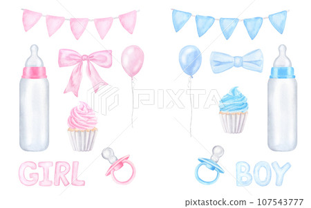 Set for gender reveal party, baby shower. Newborn boy or girl. Blue pink flags, milk bottle, pacifier, bow, balloon. Hand drawn watercolor illustration isolated on white background 107543777