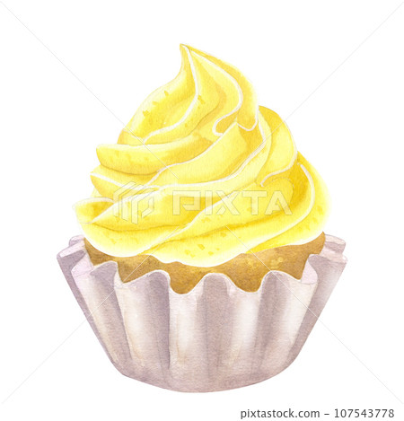 Cupcake muffin lemon yellow sweet whipped cream. Food clipart. Hand drawn watercolor illustration isolated on white background. Rainbow collection. For cafe menu pastry shop Cupcake muffin lemon yellow sweet whipped cream. Food clipart. Hand drawn watercolor illustration isolated on white background. Rainbow collection. For cafe menu pastry shop 107543778