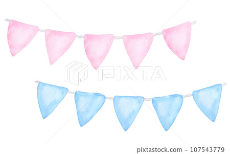 Blue pink flags for twins, boy girl, kids birthday surprise. Hand drawn watercolor illustration isolated on white background. Gender reveal party, baby shower, children's design, newborn products Blue pink flags for twins, boy girl, kids birthday surprise. Hand drawn watercolor illustration isolated on white background. Gender reveal party, baby shower, children's design, newborn products 107543779