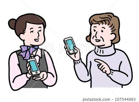 A senior woman consults a female clerk at a smartphone shop about changing her smartphone model. 107544063