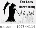 Grim reaper carrying a scythe depicting the concept of tax loss harvesting 107544114