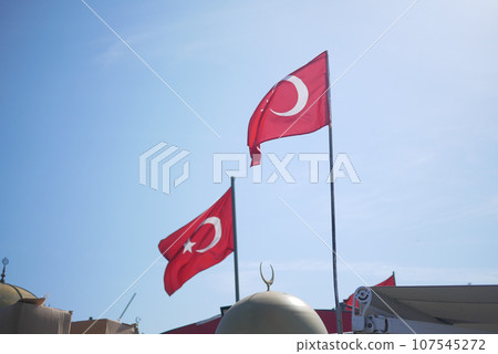 Low Angle View Of Turkish Flag Against Sky. 107545272