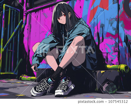 一位女士坐在牆邊，牆上有塗鴉藝術（AI 生成的圖像） 107545312