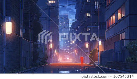 城市住宅區，空曠的夜路，漫畫風格的味道（AI生成圖像） 107545314