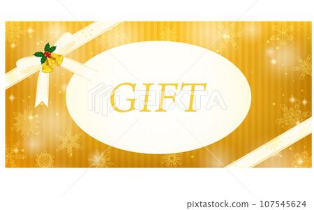 Christmas gift card with platinum ribbon and snowflake design with gold lines 107545624