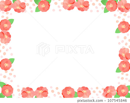 Cute frame background illustration with watercolor camellia flowers and dots 107545846